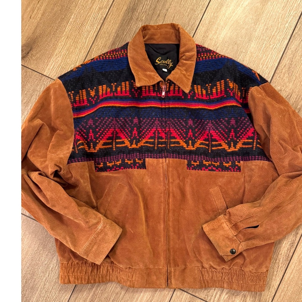 True Vintage Scully Mens Suede Leather Southwestern Bomber Jacket Brown Size 46